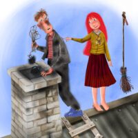 Kristiina Kass. „Nõianeiu Nöbinina ja korstnapühkija”, Tänapäev, 2015, harilik pliiats, arvutitöötlus, kollaaž